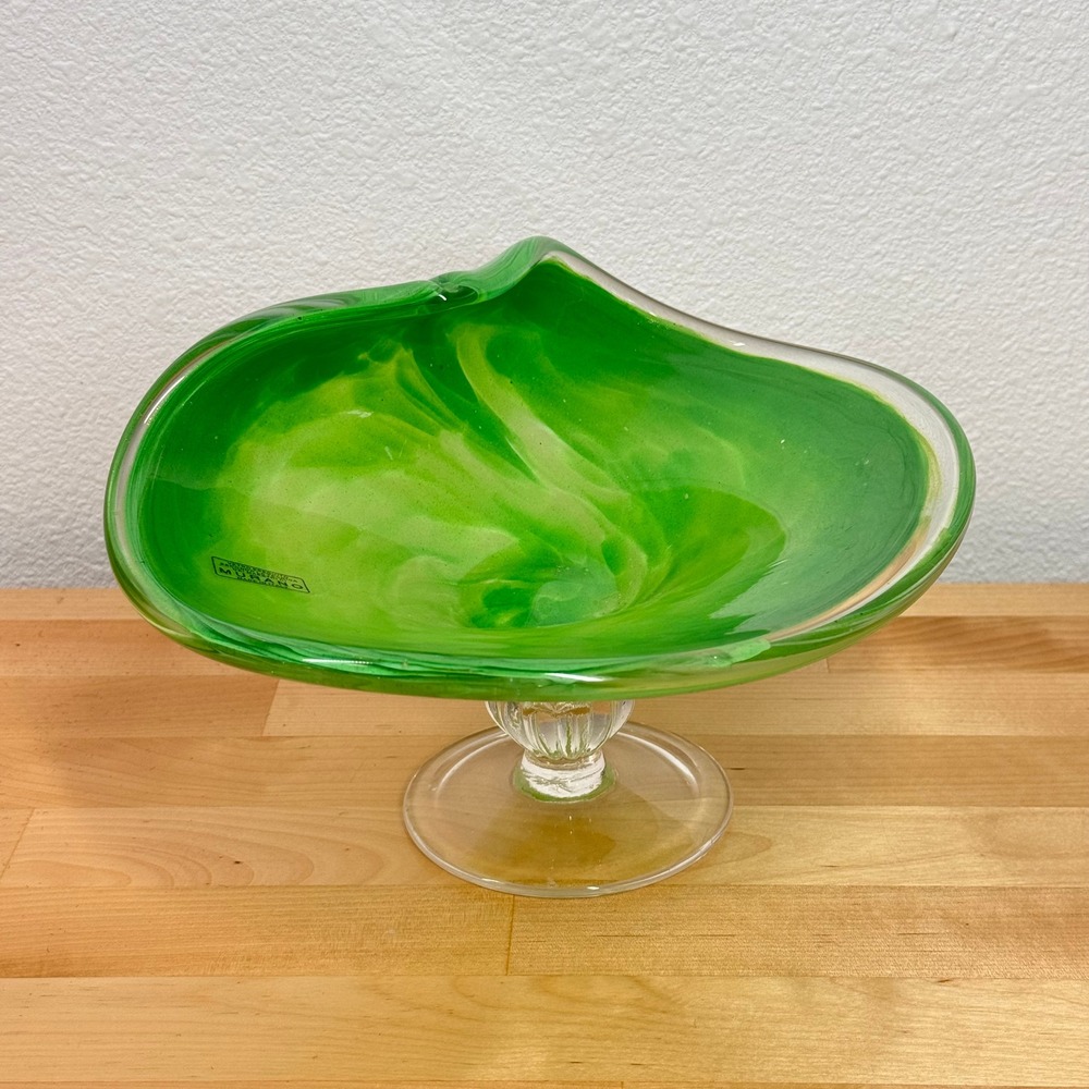 Murano Glass Pedestal‎ Bowl Green Swirl Italian Art Glass Candy Dish